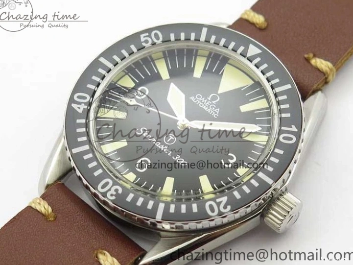 0214 Practical Vintage Seamaster 300 No Date T SS B12 Black Dial On Brown Leather Strap A2836 (Free Nylon Strap) 7910